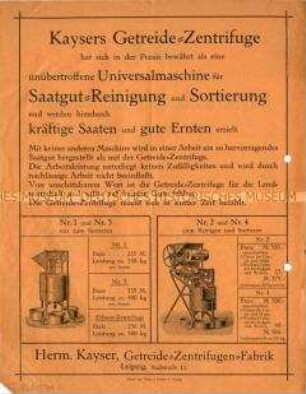 Veröffentlichung des Prüfungsergebnisses über die Getreide-Zentrifuge von Kayser