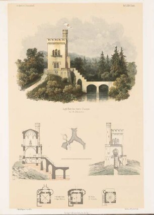 Jagdrendezvous Gasza, Miechowitz: Lageplan, Grundrisse, Perspektivische Ansicht, Ansicht, Querschnitt (aus: Architektonisches Skizzenbuch, H. 35, 1858)
