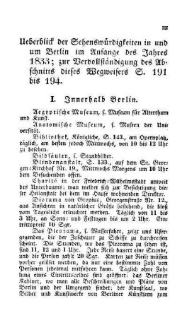 Ueberblick der Sehenswürdigkeiten in und um Berlin im Anfange des Jahres 1833; zur Vervollständigung des Abschnitts dieses Wegweisers S. 191 bis 194