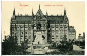 Budapest. Parlament (1896). Südseite mit Andrássy-Denkmal (1906) : Budapest. Parlament (1885-1904; Imre Steindl, Eröffnung 1896). Ansicht der Südseite mit Reiterstandbild Gyula Andrássy (1906; György Zala)
