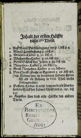 Inhalt der ersten Hälffte dieses IIten Theils.