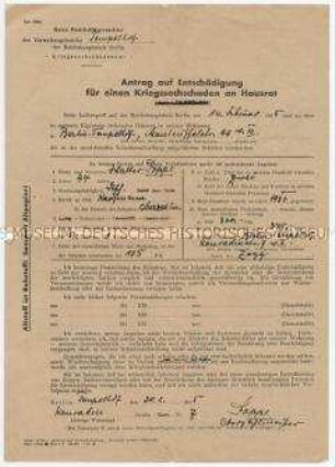 Antrag auf Entschädigung für einen Kriegssachschäden