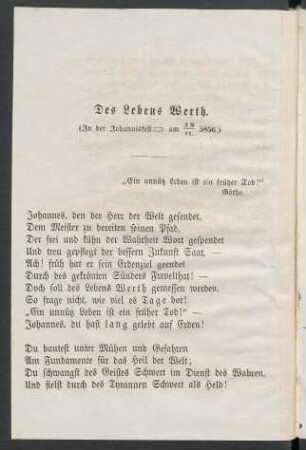 Des Lebens Werth. (In der Johannisfest[loge] am 29/VI. 5856.)