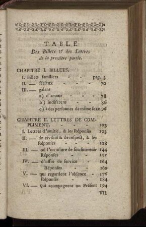 Table Des Billets & des Lettres de la premiere partie.