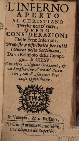 L' Inferno Aperto Al Christiano Perche non v'entri, Overo Considerazioni Delle Pene Infernali : Proposte, e distribute per tutti i Giorni della Settimana