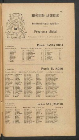 Hipódromo Argentino - Reunión del Domingo 24 de Mayo [de 1908] - Programa oficial