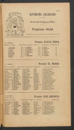 Hipódromo Argentino - Reunión del Domingo 24 de Mayo [de 1908] - Programa oficial