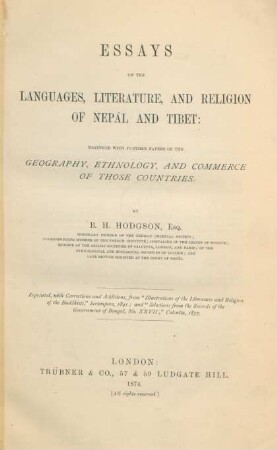 Essays on the languages, literature and religion of Nepál and Tibet : together with further papers on the the geography, ethnology, and commerce of those countries