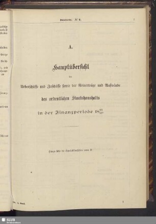 A. Hauptübersicht der Ueberschüsse und Zuschüsse sowie der Reinerträge und Aufwände des ordentlichen Staatshaushalts in der Finanzperiode 1886/87