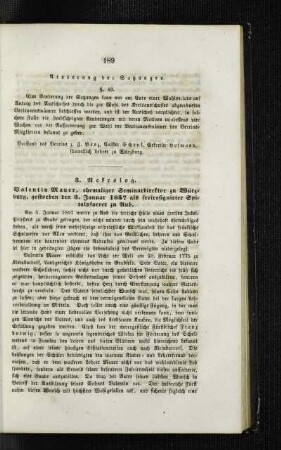 Valentin Mauer, ehemaliger Seminardirektor zu Würzburg, gestorben den 3. Januar 1857 als freiresignirter Spitalpfarrer zu Aub : [Nekrolog]