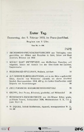 Erster Tag: Donnerstag, den 9. Februar 1933, im Franz-Josef-Saal, Beginn um 3 Uhr (Nr. 1-220)