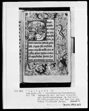 Lateinisches Stundenbuch (Sachsenheim-Gebetbuch) — Textseite mit historisierter Initiale und Drolerien, Folio 158recto