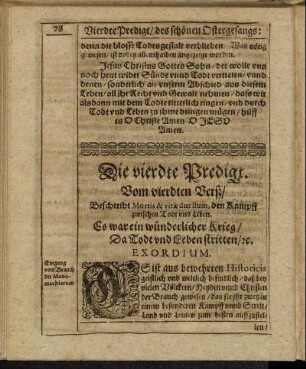 Die vierdte Predigt. Vom vierdten Verß/ Beschreibt Mortis & vitæ duellum, den Kampff zwischen Todt und Leben.