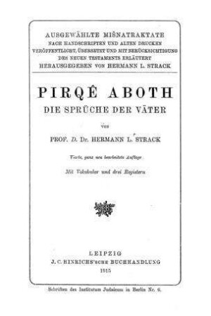 Pirqê aboth / von Hermann L. Strack