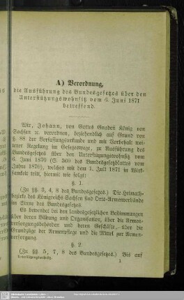 A ) Verordnung, die Ausführung des Bundesgesetzes über den Unterstützungswohnsitz vom 6.Juni 1871 betreffend