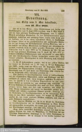 XVI. Verordnung, das Gesetz vom 3. Mai betreffend; vom 27. Mai 1851