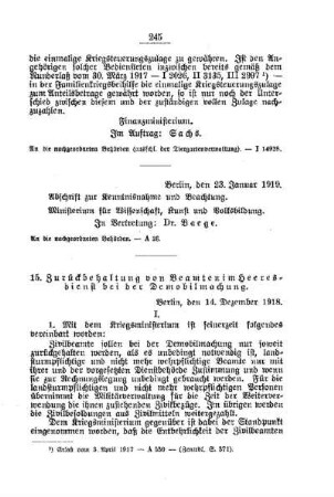 Zurückbehaltung von Beamten im Heersdienst bei der Demobilmachung : [A. Behörden und Beamte]