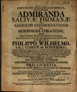 Disputatio Inauguralis Medica, Continens Admiranda Salivae Humanae In Sanitatis Conservatione Et Morborum Curatione