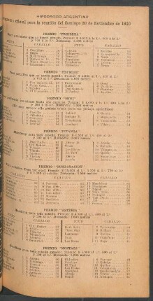 Hipódromo Argentino - Programa oficial para la reunión del domingo 20 de Noviembre de 1910