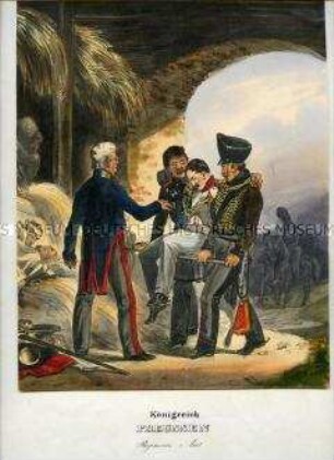 Uniformdarstellung, Regimentsarzt, Verwundete, Preußen, 1838/1843. Aus: Eckert/Monten: Das deutsche Bundesheer. Tafel 37.