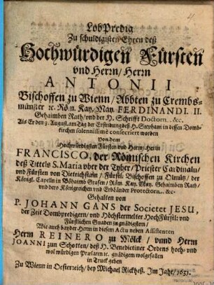 Lob-Predig zu schuldigster Ehren ... Antonii, Bischoffen zu Wienn