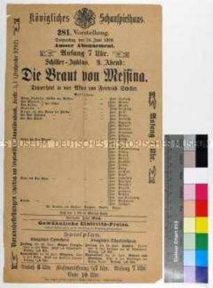 Programm des Königlichen Schauspielhauses Dresden für die Aufführung von "Die Braut von Messina" am 24. Juni 1909