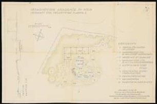 Gartenanlage Pädagogische Akademie Köln: Pergola für Kletterpflanzen und Wasserbecken für Sumpf- Wasserpflanzen sowie Alpinum: Grundriss 1:100. Schnitt 1:50