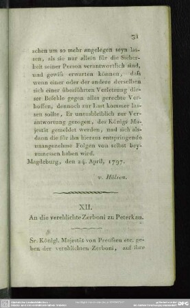 XII. An die verehlichte Zerboni zu Peterkau