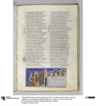 Hüon d'Auvergne, Roman in Versen, geschrieben v. Nicolas Trombeor. Die Wanderer erblicken Dante auf einem Turm der Stadt