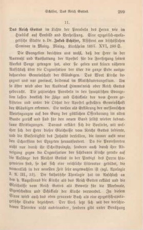 299-300 [Rezension] Schäfer, Jakob, Das Reich Gottes im Licht der Parabeln des Herrn wie im Hinblick auf Vorbild und Verheißung