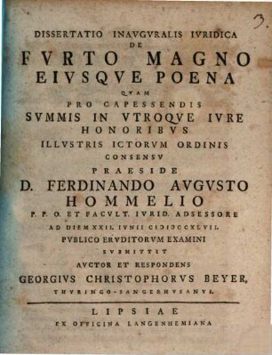 Dissertatio Inavgvralis Ivridica De Fvrto Magno Eivsqve Poena