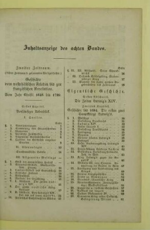 Inhaltsanzeige des achten Bandes