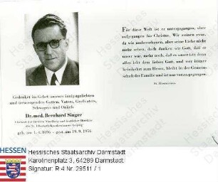 Singer, Bernhard, Dr. med. (1896-1956) / Porträt auf Totenzettel, vorblickendes Brustbild