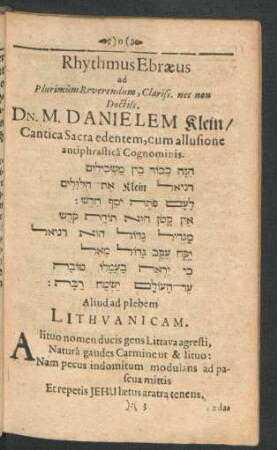 Rhythmus Ebraeus ad ... Dn. M. Danielem Klein ...