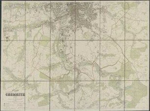 Plan von Chemnitz, 1:10 000, Lithographie, 1930 : Plan von Chemnitz / bearbeitet von der Stadtvermessungsamt. Kupferstich, Lithographie u. Druck von Giesecke & Devrient. - 21. Aufl.. - 1:10 000. - Leipzig ; Berlin : Giesecke & Devrient , 1930. - 1 Kt. auf 2 Bl. ; mehrfarb. ; je Bl. 116 x 86 cm, gefaltet