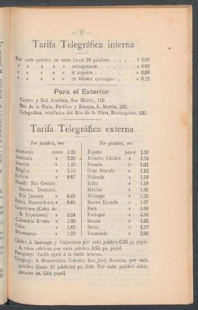Tarifa Telegráfica interna [y] externa