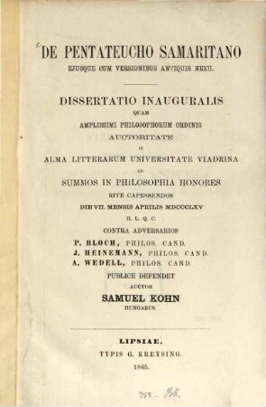 De Pentateucho Samaritano ejusque cum versionibus antiquis nexu
