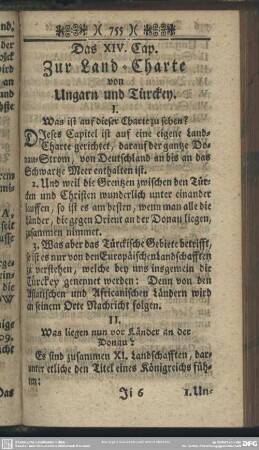 Das XIV. Cap. Zur Land-Charte von Ungarn und Türckey