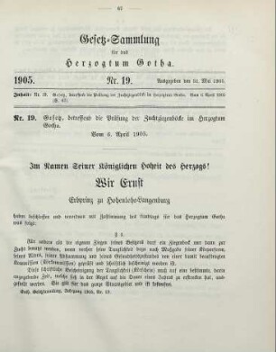 19. Gesetz, betreffend die Prüfung der Zuchtziegenböcke im Herzogtum Gotha. Vom 6. April 1905