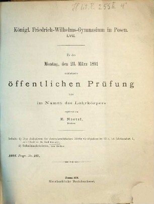 Zu der ... stattfindenden öffentlichen Prüfung ladet ... ergebenst ein. 1890/91
