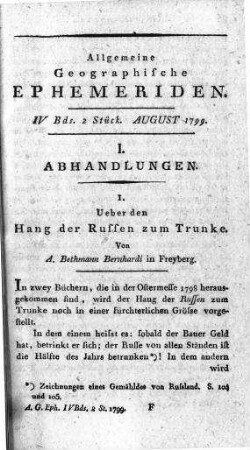 Ueber den Hang der Russen zum Trunke / Von A[mbrosius]Bethmann Bernhardi in Freyberg