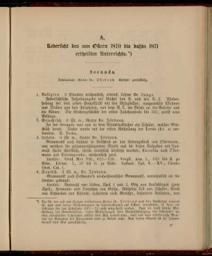 A. Uebersicht des von Ostern 1870 bis dahin 1871 ertheilten Unterrichts.