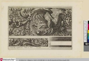 [Fries oben mit Rankwerk: Ein Adler der mit seinem Schnabel in die Schlange eines Grogone-Kopf beißt, darunter: Rankenfries mit Füllhorn; Frise du haut: un aigle tenant de son bec un des serpents d'une tête de Grogone]