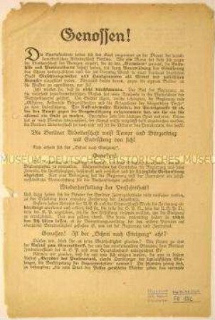 Programmatisches Flugblatt der Regierung Ebert-Noske mit Proklamierung des Arbeitersiegs gegen die USPD und Spartakus und deren "Schrei nach Bürgerkrieg"