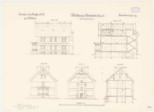 Gefängnis, Wohlau: Wohnhäuser Nr. 6 und 8 für zwei Oberbeamte: Aufriss Vorderansicht, Giebelansichten, Längsschnitt, Querschnitt 1:100