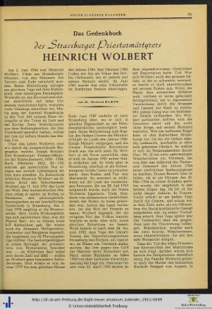 Das Gedenkbuch des Strassburger Priestermärtyrers Heinrich Wolbert.