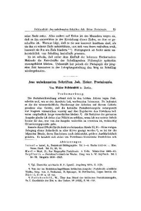 Aus unbekannten Schriften Joh. Heinr. Pestalozzis