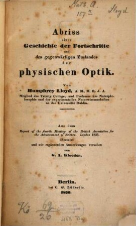 Abriß einer Geschichte der Fortschritte und des gegenwärtigen Zustandes der physischen Optik