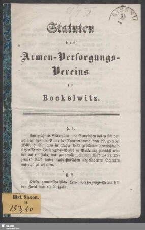 Statuten des Armen-Versorgungs-Vereins zu Bockelwitz