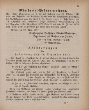 81. Ministerial-Bekanntmachung, die Abänderungen der Postordnung vom 18. Dezember 1874 betreffend